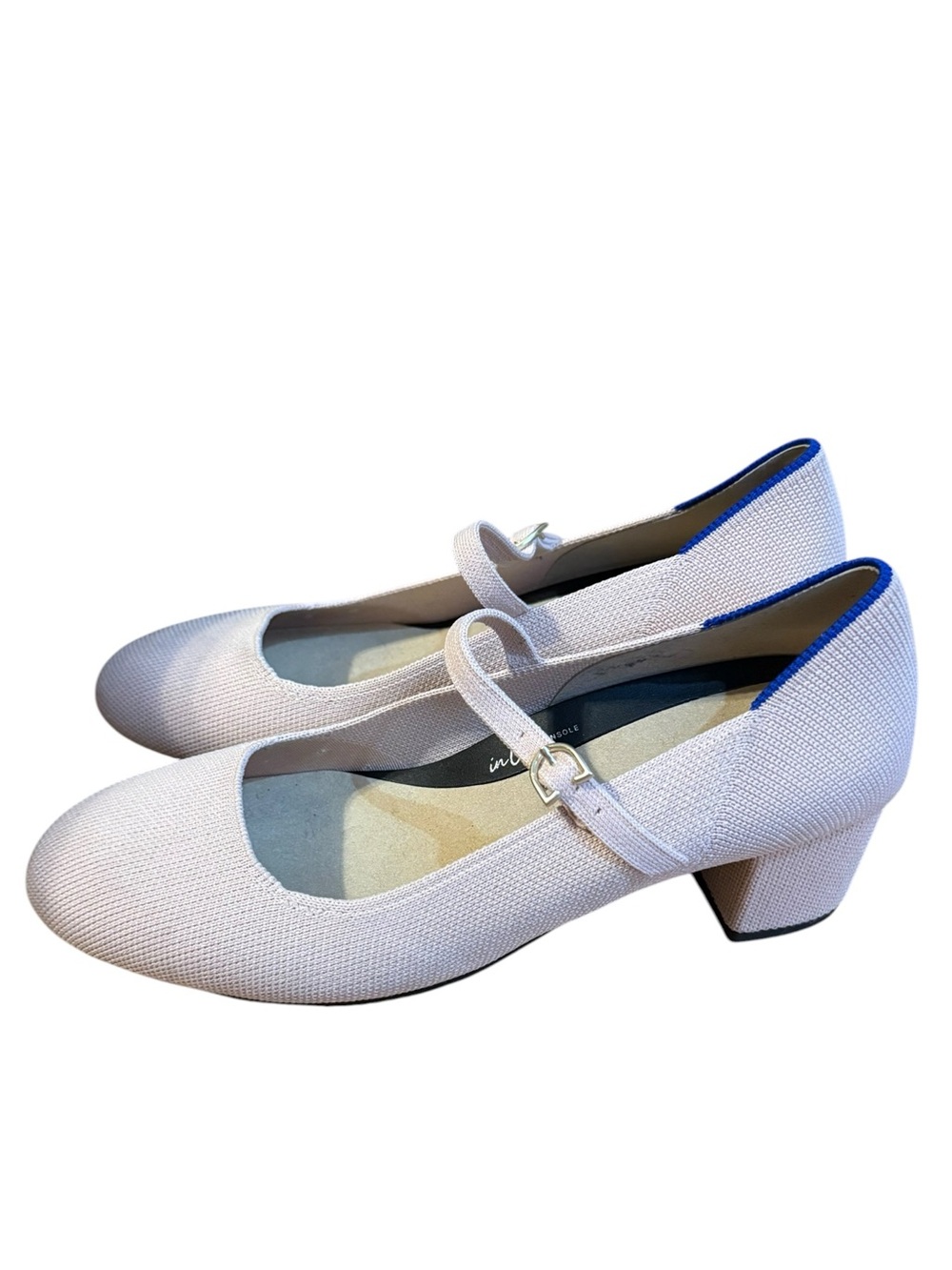Rothy's Mary Jane Heel Knit Block Heel Blue Trim Size 8
